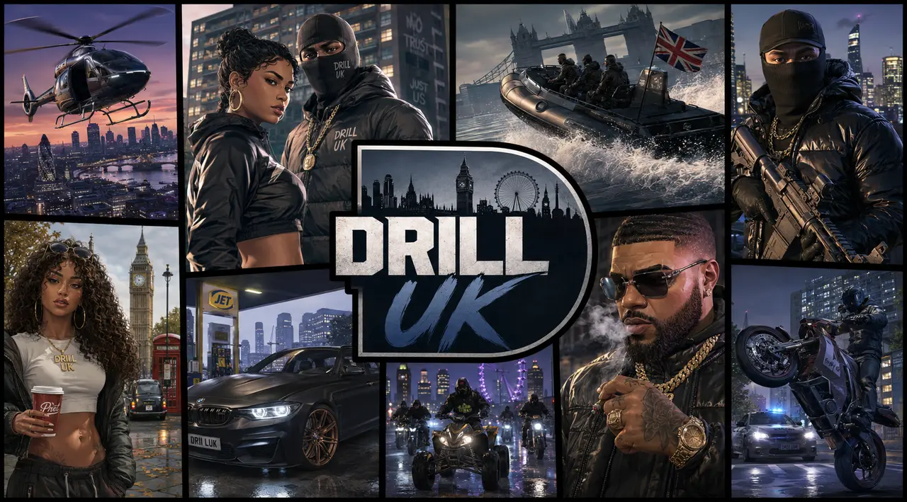 DRILL UK key art: a GTA style collage of the server's characters across London, with Tower Bridge, Big Ben and the skyline around the DRILL UK logo