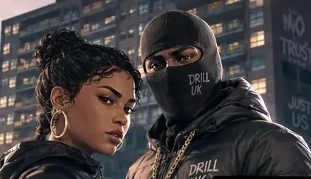 Two DRILL UK characters from the key art: a woman with curly hair and gold hoop earrings beside a man in a black DRILL UK balaclava and gold chain, in front of a lit tower block