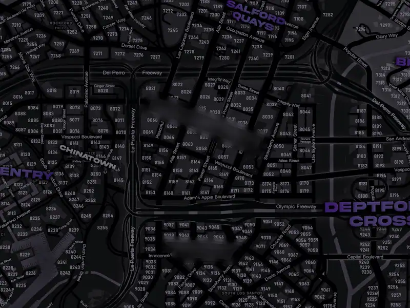 The DRILL UK pause map over Birmingham, a dark grid of numbered city streets with Salford Quays to the north, Chinatown and Coventry to the west and Deptford Cross to the east