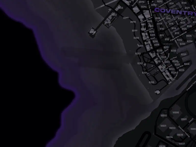 The DRILL UK pause map at Tankerton Beach, the sand and the pier on the west coast against the purple glow of the sea, with Coventry's streets inland