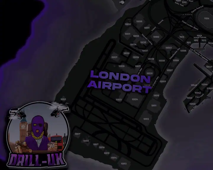 The DRILL UK pause map over London Airport, the runways and terminals on the south west coast with Thamesport's docks across the water and the DRILL UK badge in the corner