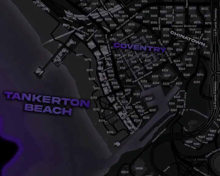 The DRILL UK pause map over Coventry, the canal streets between Tankerton Beach and Chinatown, with the pier and the violet glow of the coast to the west