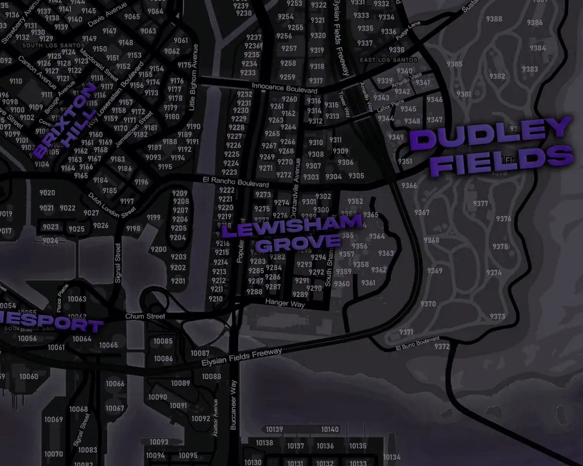 The DRILL UK pause map over Lewisham Grove, its numbered streets between El Rancho Boulevard and Hanger Way, with a pin on the postal of every guide