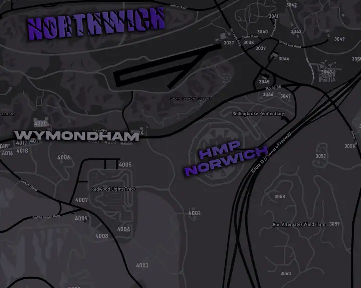 The DRILL UK pause map out in the county around HMP Norwich, the octagonal prison walls beside Route 13, with Wymondham to the west and Northwich to the north