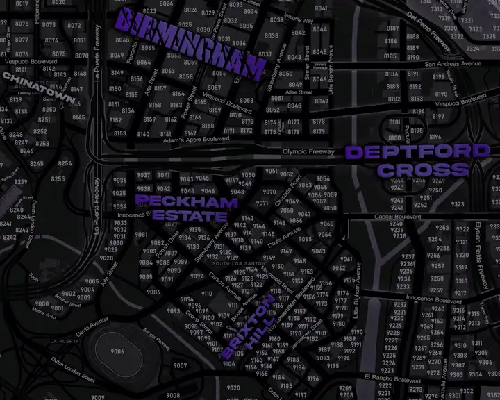 The DRILL UK pause map over Peckham Estate, a tight grid of numbered streets under the Olympic Freeway, with Birmingham to the north, Brixton Hill to the south and Deptford Cross to the east