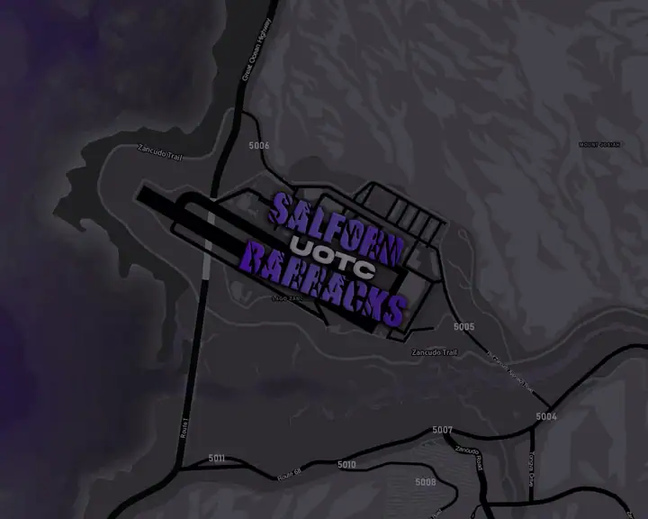 The DRILL UK pause map over Saffon Barracks, the UOTC airfield and its runway beside Zancudo Trail in the west of the county