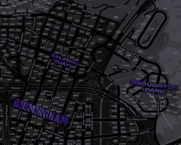 The DRILL UK pause map over Salford Quays, the numbered blocks in the north of the city, with Birmingham to the south and Broughton Park to the east