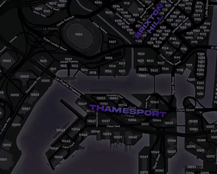 The DRILL UK pause map over Thamesport, the docks and numbered yards on the water south of the city, with Brixton Hill to the north east