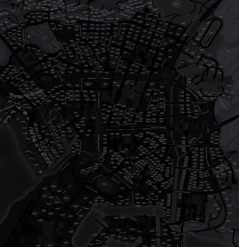 The DRILL UK pause map of the city in grey, numbered streets running from the hills in the north down to the airport and the docks on the water