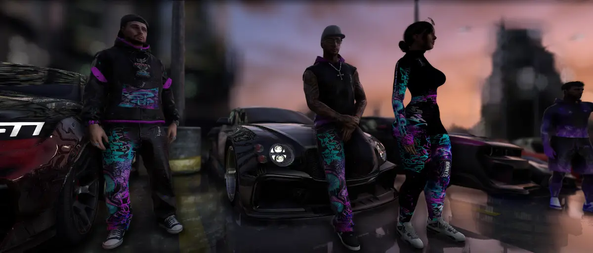 Three Drill UK players in matching tracksuits beside black sports cars at sunset