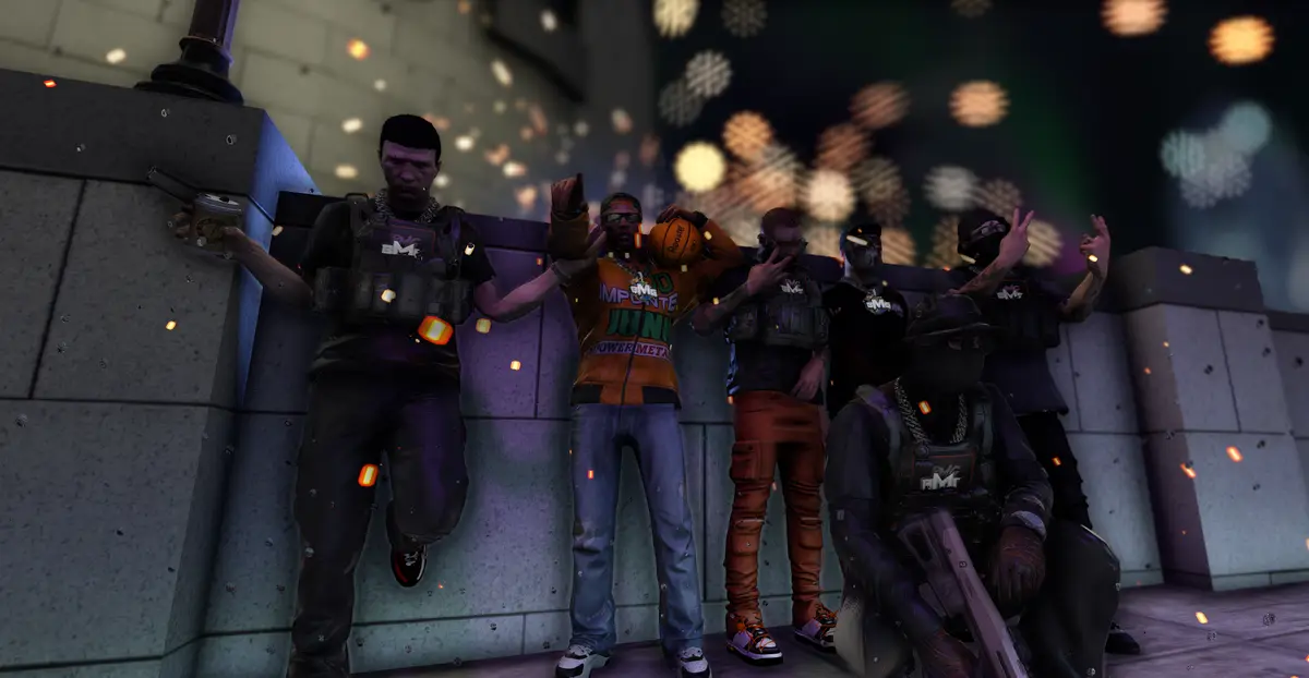 Drill UK players posing together under fireworks at a night event