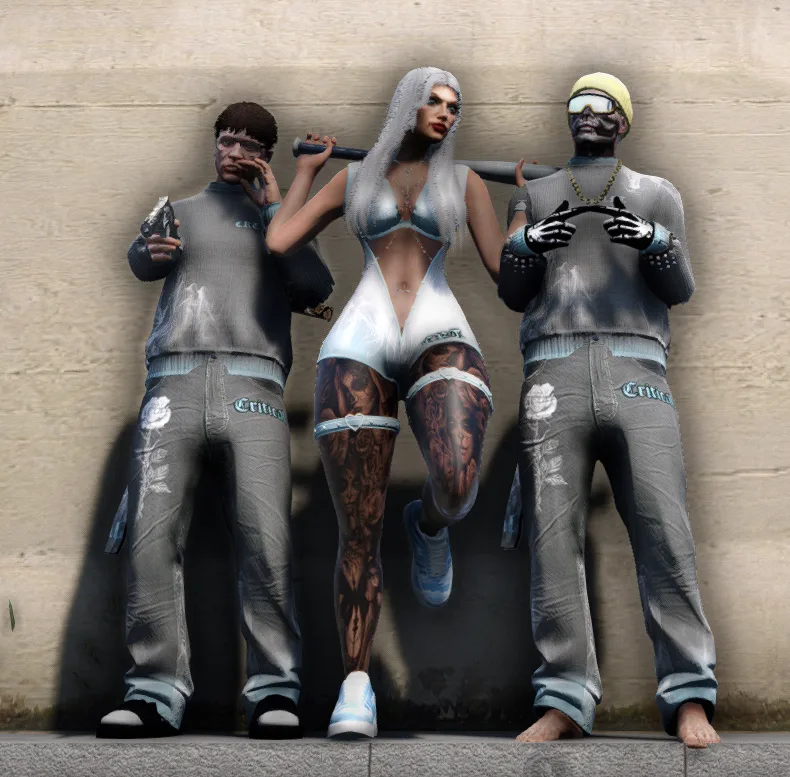 Three Drill UK players in crew colours posing against a wall, two in matching grey outfits with white rose prints, one holding a pistol, the centre figure holding a bat