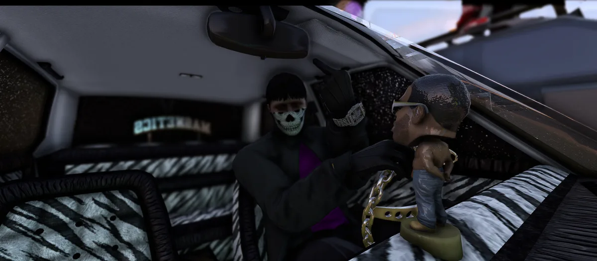 A Drill UK player in a skull face mask holding a gold chain inside a car with zebra print interior